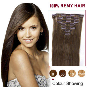 16 inches Ash Brown (#8) 7pcs Clip In Indian Remy Hair Extensions