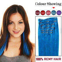 34 inches Blue 7pcs Straight Full Head Set Clip In Indian Remy Hair Extensions