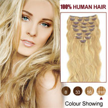 16 inches Blonde Highlight (#27/613) 7pcs Wavy Clip In Indian Remy Hair Extensions