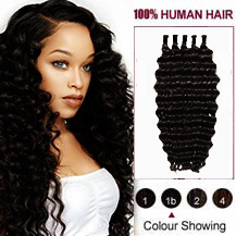 20" Natural Black (#1b) 50S Curly Stick Tip Human Hair Extensions