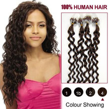 20" Medium Brown (#4) 100S Curly Micro Loop Human Hair Extensions