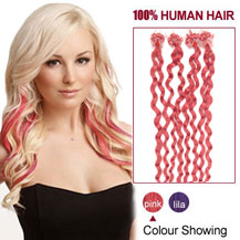 24 inches Pink 100S Curly Micro Loop Human Hair Extensions
