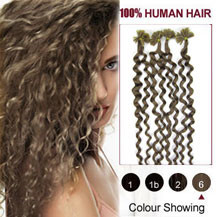 28 inches Light Brown (#6) 100S Curly Nail Tip Human Hair Extensions