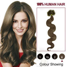 16 inches Light Brown (#6) 100S Wavy Nail Tip Human Hair Extensions