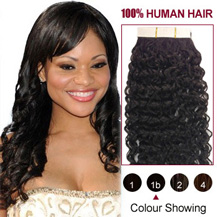 24" Natural Black (#1b) 20pcs Curly Tape In Human Hair Extensions