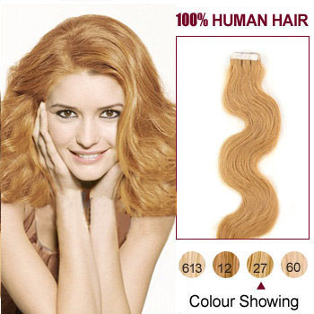24 inches Strawberry Blonde (#27) 20pcs Wavy Tape In Human Hair Extensions