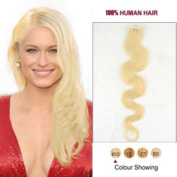 16 inches Bleach Blonde (#613) 20pcs Wavy Tape In Human Hair Extensions