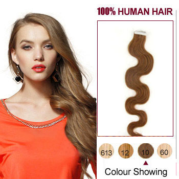 16 inches Light Brown (#10) 20pcs Wavy Tape In Human Hair Extensions